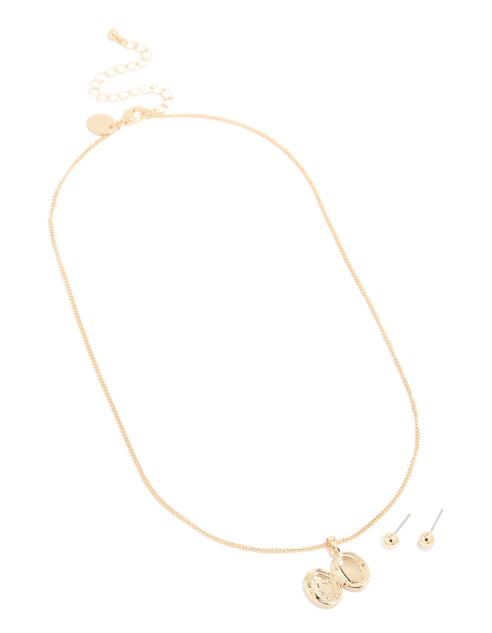 Gold Locket Necklace & Stud Earrings Set