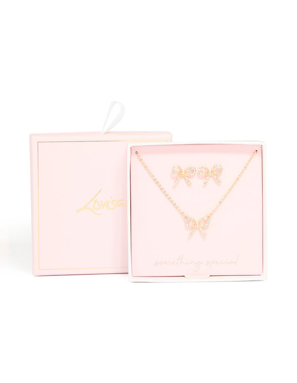 Gold Bow Necklace & Earrings Set