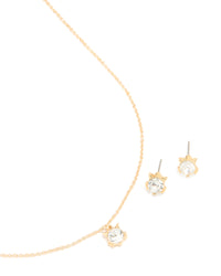 Gold Plated Diamante Cat Ears Necklace & Cat Ear Stud Earrings Set - link has visual effect only