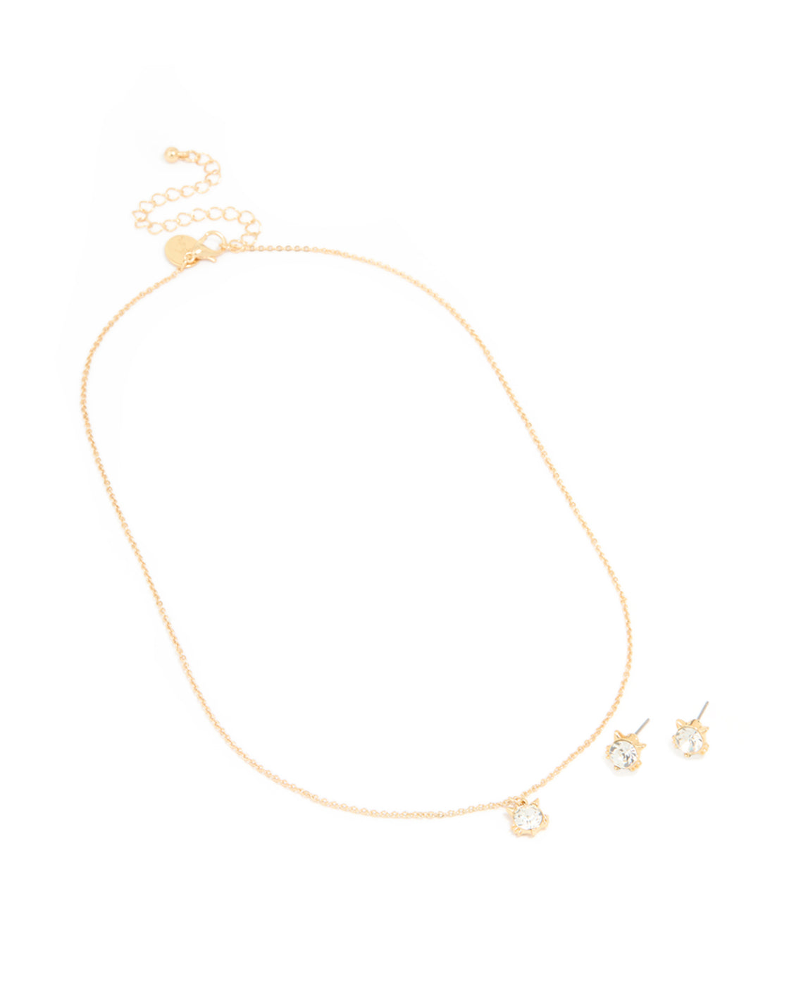 Gold Plated Diamante Cat Ears Necklace & Cat Ear Stud Earrings Set