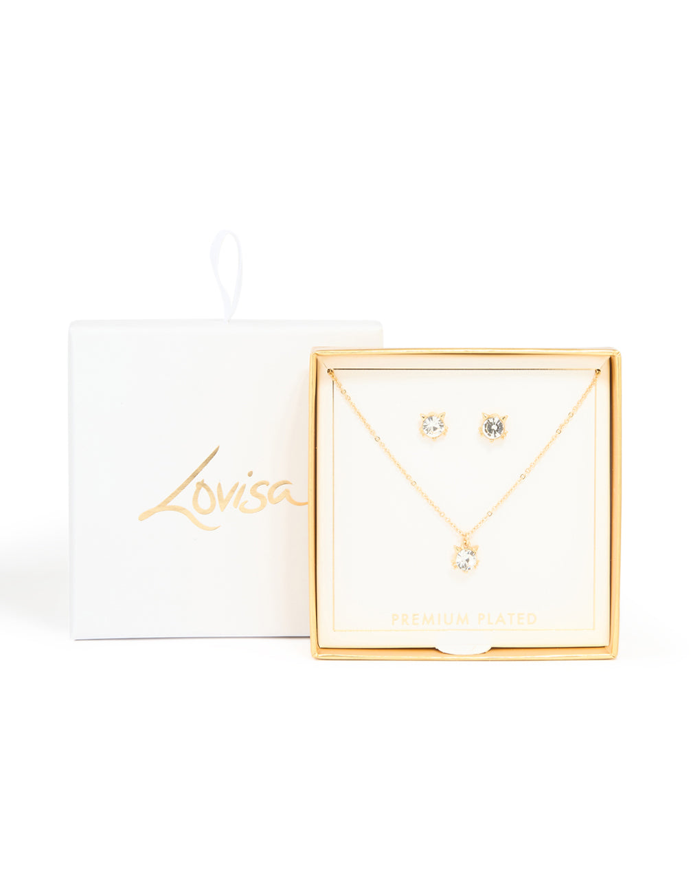 Gold Plated Diamante Cat Ears Necklace & Cat Ear Stud Earrings Set