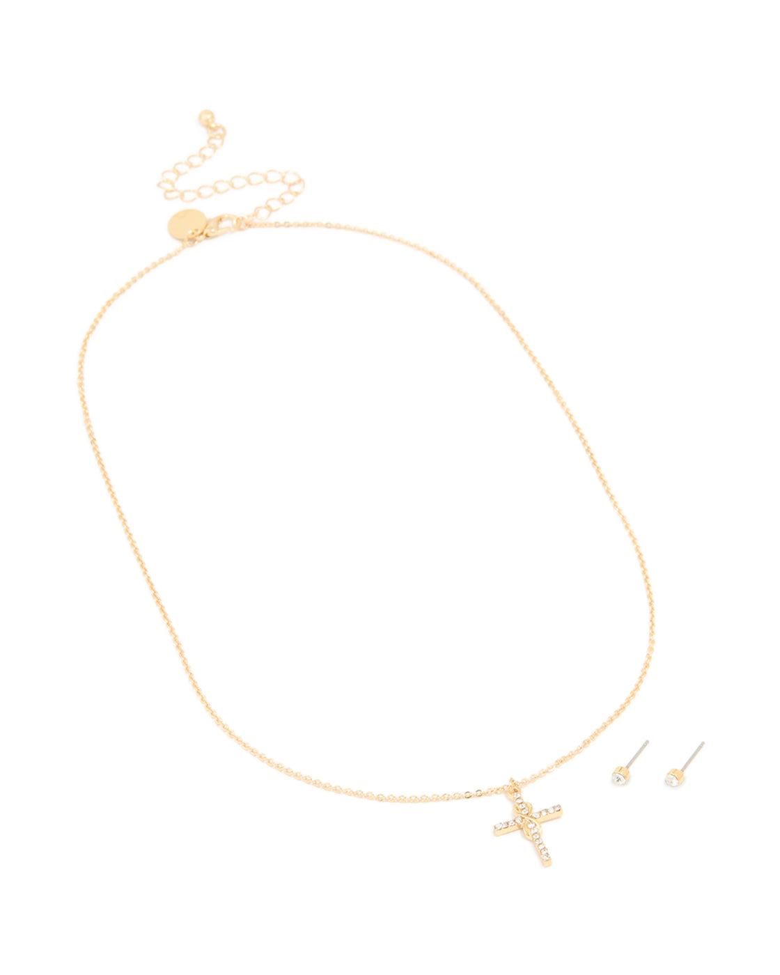 Gold Plated Diamante Cross Necklace & Classic Stud Earrings Set