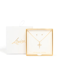 Gold Plated Diamante Cross Necklace & Classic Stud Earrings Set - link has visual effect only