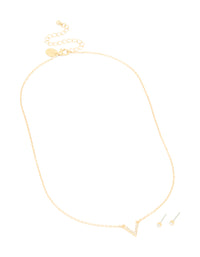 Gold Plated Cubic Zirconia V Pendant Necklace & Stud Earrings Set - link has visual effect only