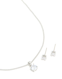 Silver Cubic Zirconia Solitaire Necklace & Earrings Set - link has visual effect only