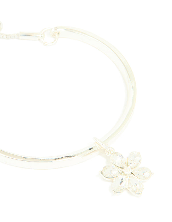 Silver Plated Cubic Zirconia Flower Toggle Bangle