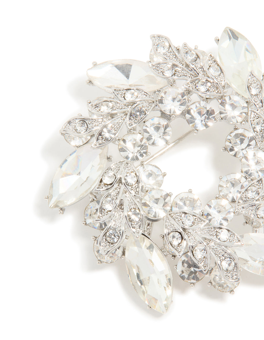 Silver Diamante Leaf Wreath Brooch