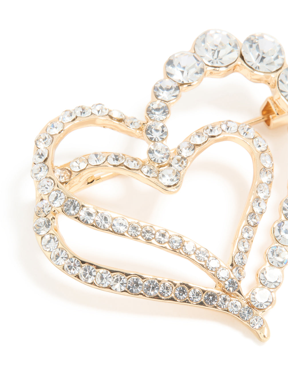 Gold Diamante Double Heart Brooch