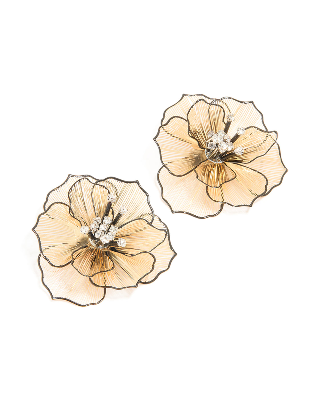 Gold Diamante Laser Cut Black Outline Full Flower Earrings