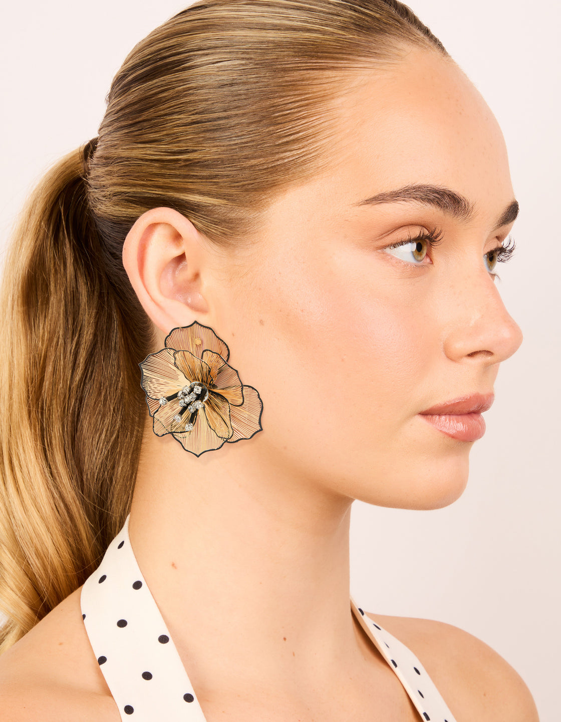 Gold Diamante Laser Cut Black Outline Full Flower Earrings
