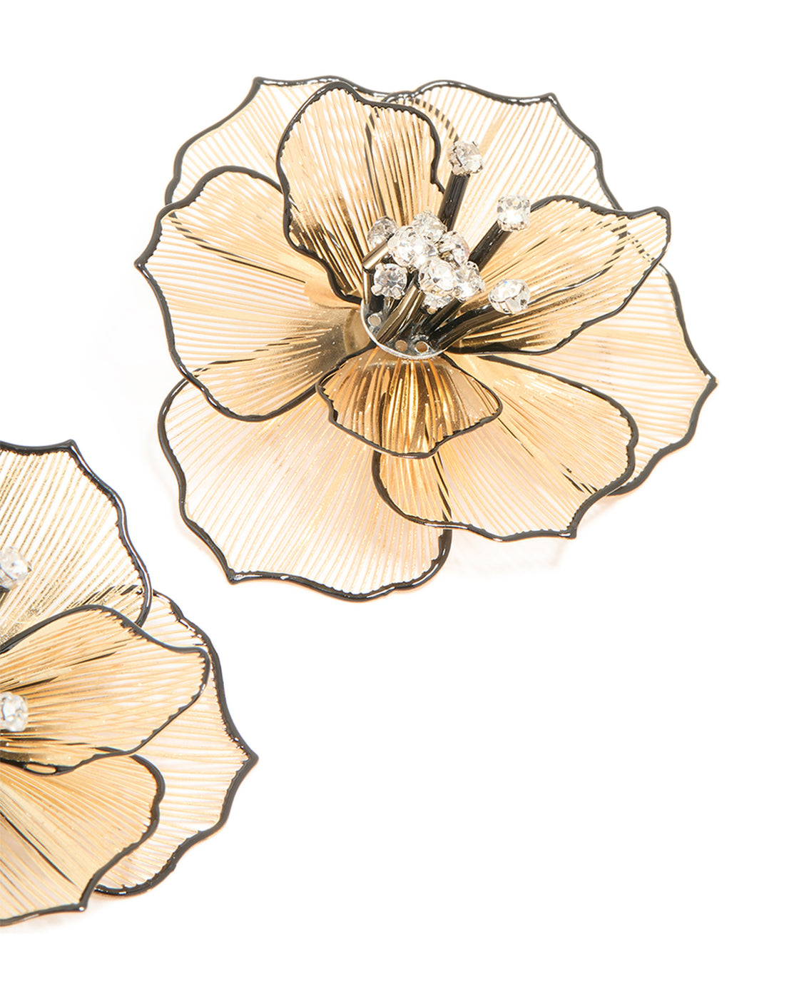 Gold Diamante Laser Cut Black Outline Full Flower Earrings