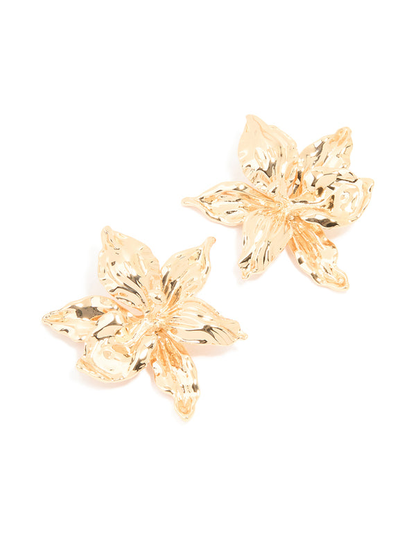 Gold Frangipani Flower Stud Earrings