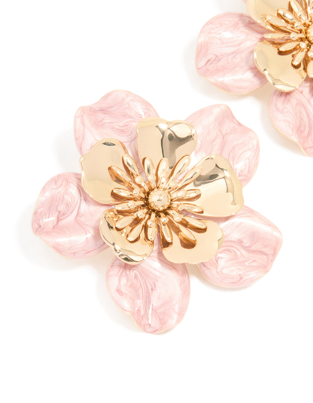 Gold Pink Enamel Layered Flower Stud Earrings