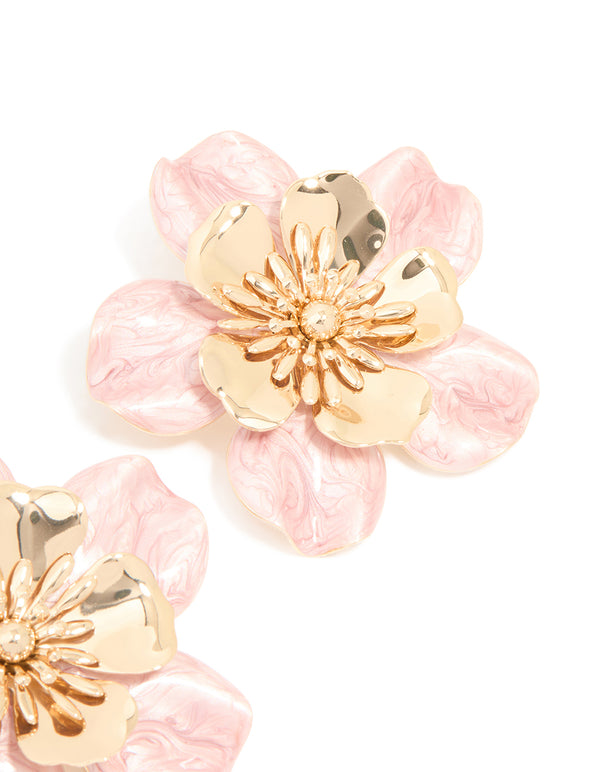 Gold Pink Enamel Layered Flower Stud Earrings