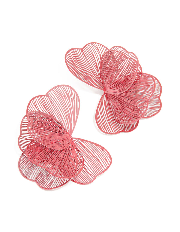 Red Coated Metal Wire Petal Stud Earrings