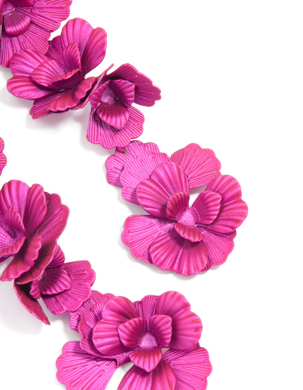 Fuschia Pink Coated Metal Triple Flower Drop Earrings