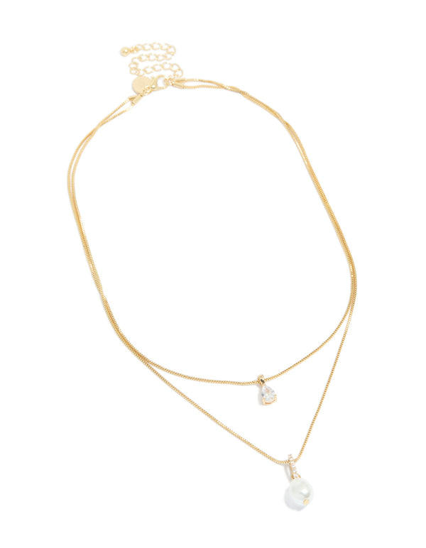 Gold Plated Cubic Zirconia Pearl Layered Necklace