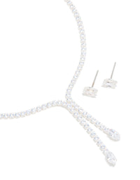 Silver Plated Cubic Zirconia Y-Necklace & Classic Earrings Set - link has visual effect only