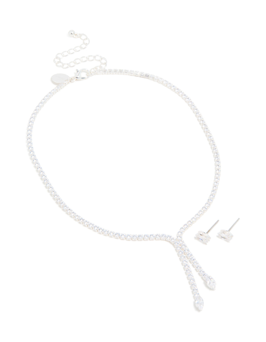 Silver Plated Cubic Zirconia Y-Necklace & Classic Earrings Set