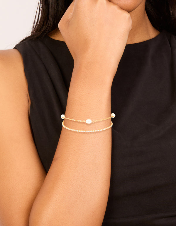 Gold Plated Cubic Zirconia & Freshwater Pearl Tennis Layered Bracelet