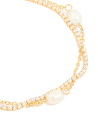 Gold Plated Cubic Zirconia & Freshwater Pearl Tennis Layered Bracelet - link has visual effect only