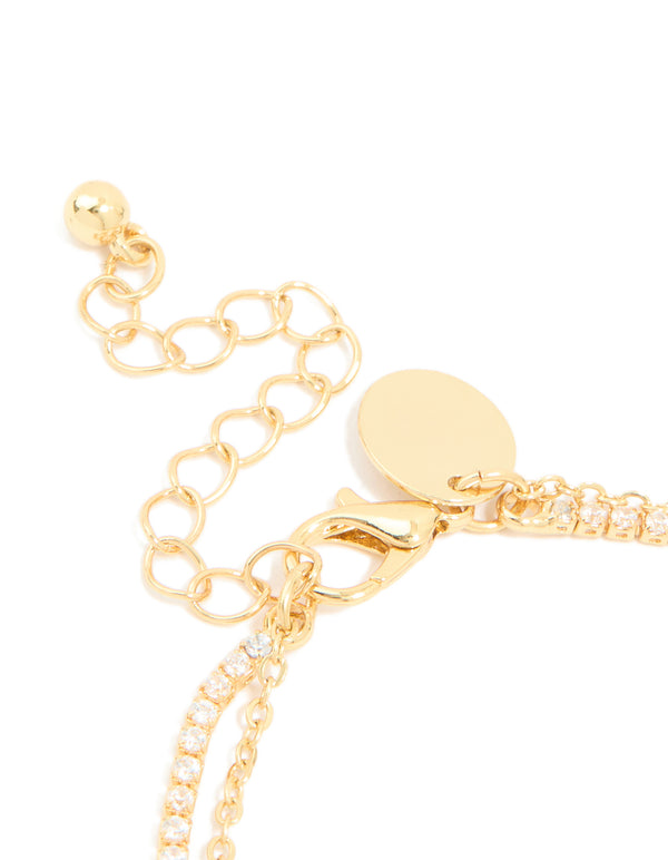Gold Plated Cubic Zirconia & Freshwater Pearl Tennis Layered Bracelet