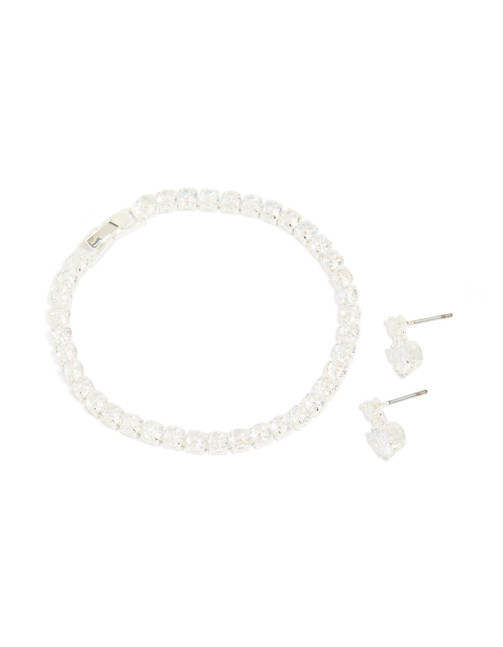Silver Plated Round Cubic Zirconia Drop Earrings & Tennis Bracelet Set
