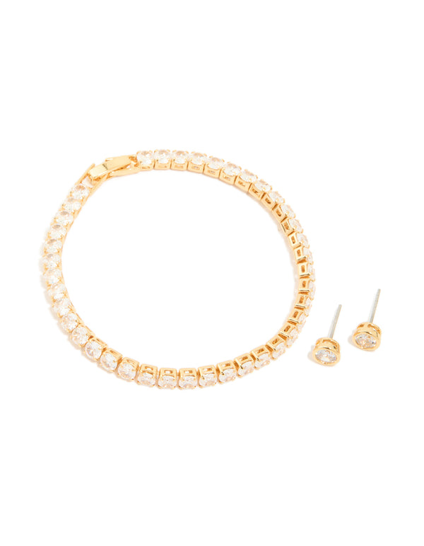 Gold Plated Cubic Zirconia Circle Tennis Bracelet & Earrings Set