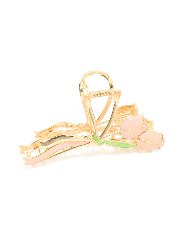 Gold Tulip Flower & Ribbon Claw Clip