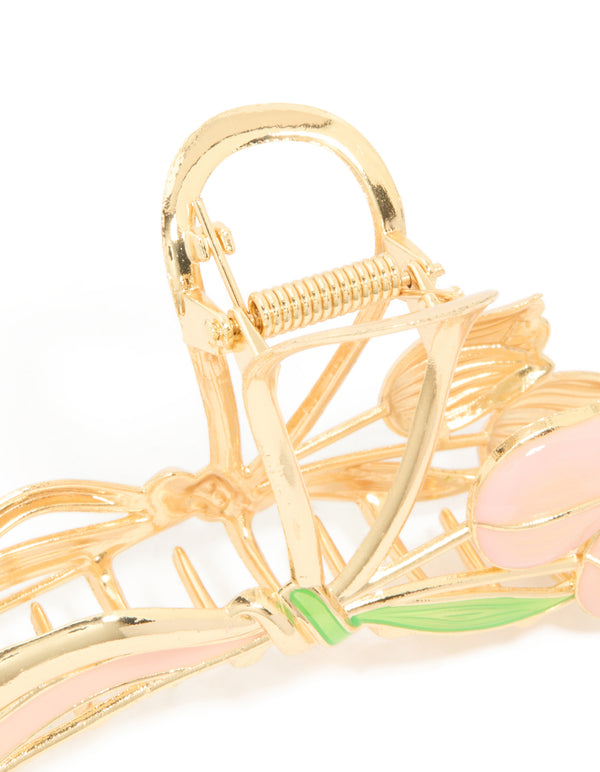 Gold Tulip Flower & Ribbon Claw Clip
