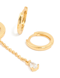 Gold Plated Brass Cubic Zirconia Chain & Smooth Huggie Earrings 2-Pack - link has visual effect only