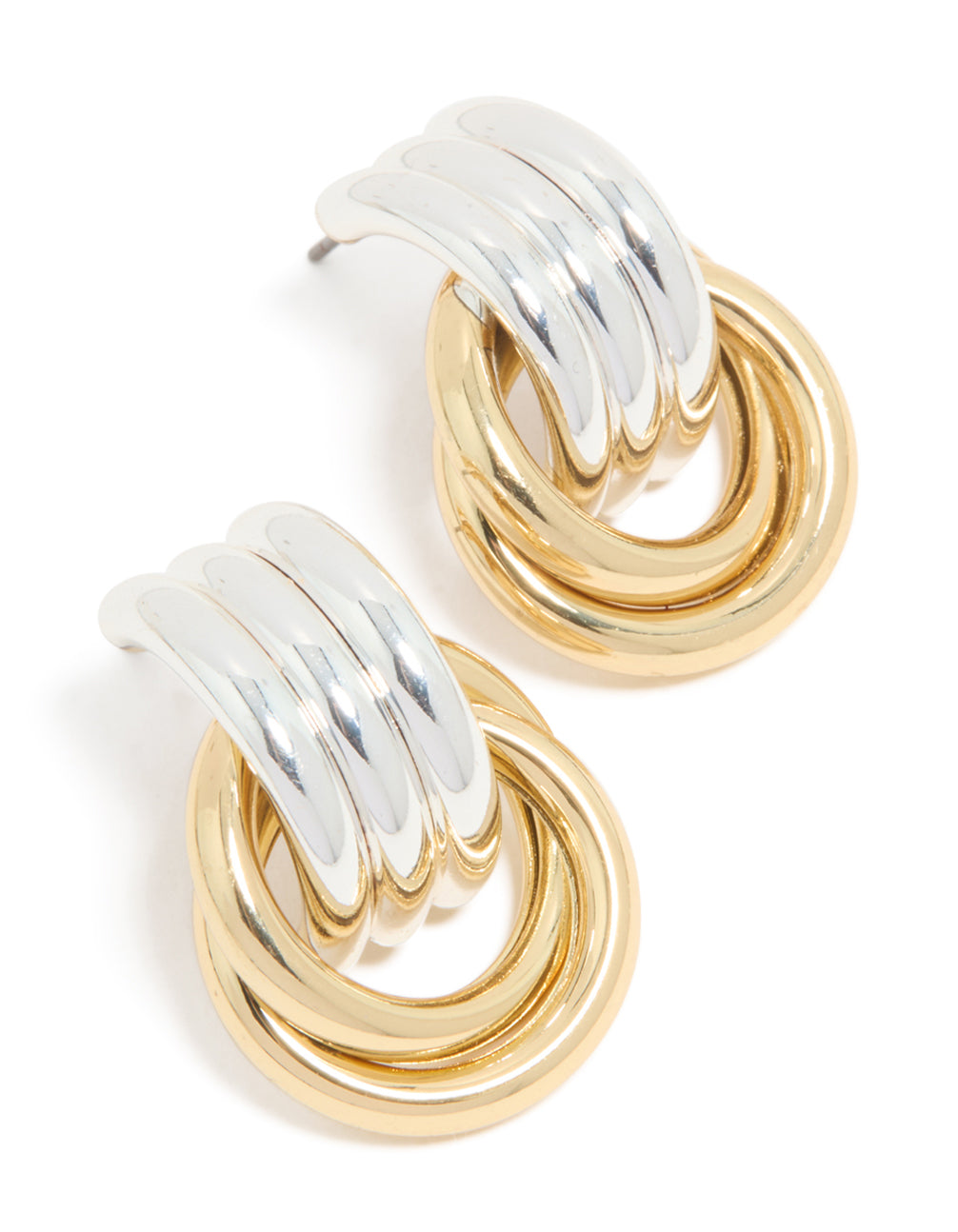 Showcasing mixed metal plated doorknocker knot earrings in gold and silver front view