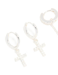 Silver Cubic Zirconia Cross & Chain Earrings 2-Pack - link has visual effect only