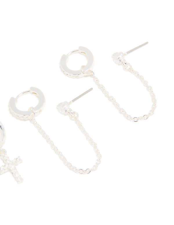 Silver Cubic Zirconia Cross & Chain Earrings 2-Pack