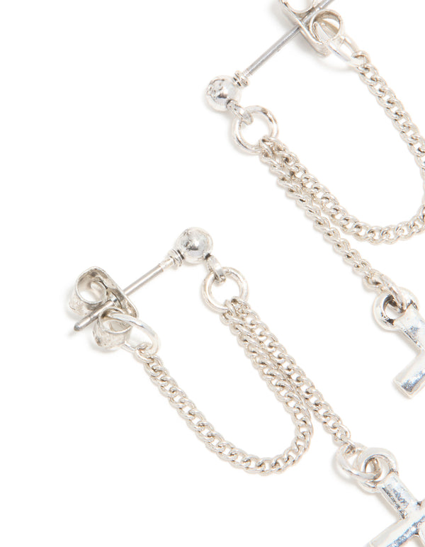Antique Silver Chain Cross Drop Earrings