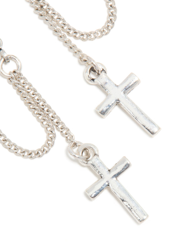 Antique Silver Chain Cross Drop Earrings