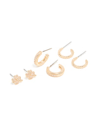 Gold Cubic Zirconia Clover & Hoop Earrings 3-Pack - link has visual effect only