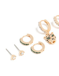 Gold Emerald Cubic Zirconia Panther & Huggie Earrings 4-Pack - link has visual effect only