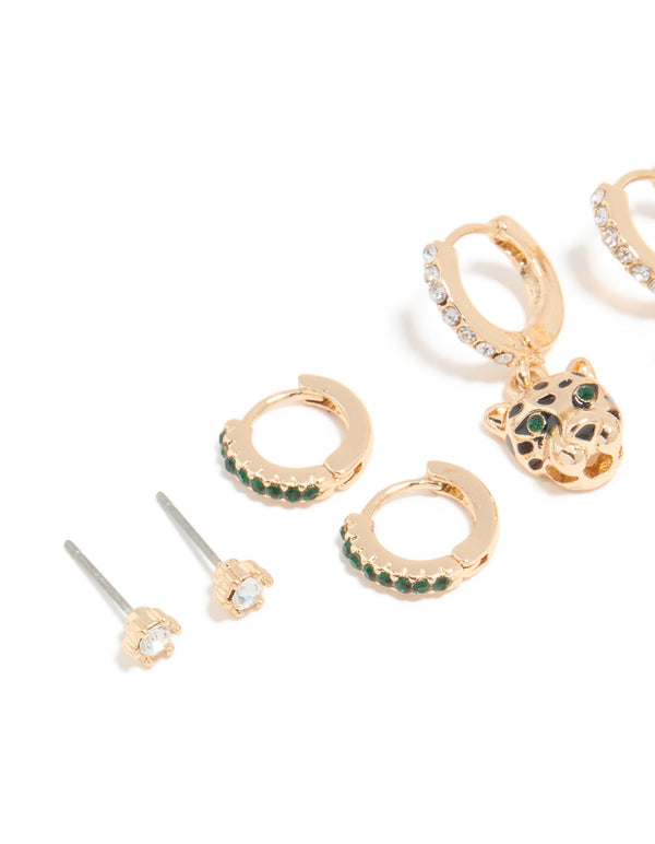 Gold Emerald Cubic Zirconia Panther & Huggie Earrings 4-Pack
