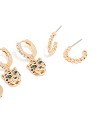 Gold Emerald Cubic Zirconia Panther & Huggie Earrings 4-Pack - link has visual effect only