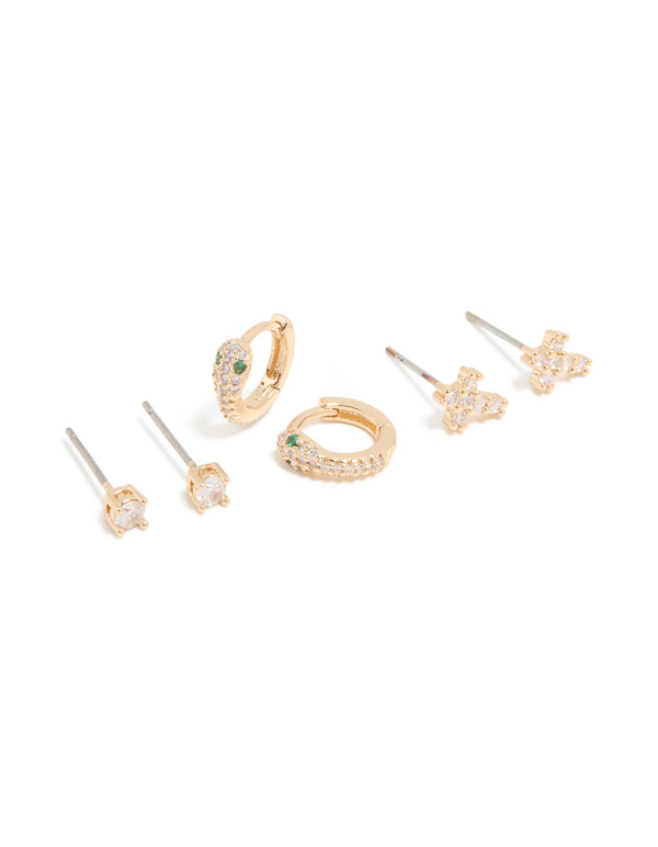 Gold Cubic Zirconia Cross & Snake Earrings 3-Pack