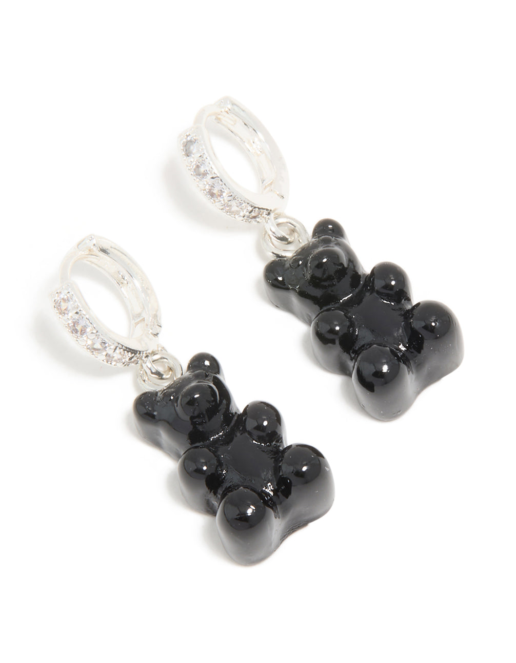 Silver Cubic Zirconia & Black Teddy Bear Huggie Earrings