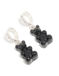 Silver Cubic Zirconia & Black Teddy Bear Huggie Earrings - link has visual effect only