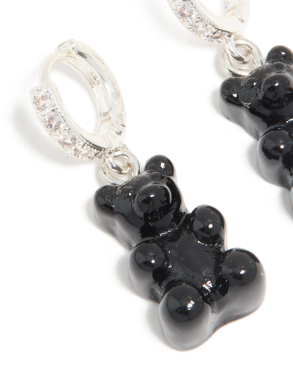 Silver Cubic Zirconia & Black Teddy Bear Huggie Earrings