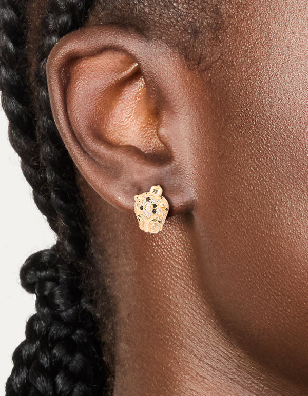 Gold Cubic Zirconia Panther Huggie Earrings