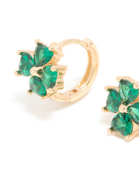 Gold Emerald Cubic Zirconia Clover Huggie Earrings - link has visual effect only