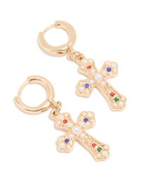 Gold Semi-Precious Stone & Pearl Baroque Cross Huggie Earrings - link has visual effect only