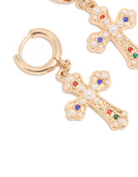 Gold Semi-Precious Stone & Pearl Baroque Cross Huggie Earrings - link has visual effect only