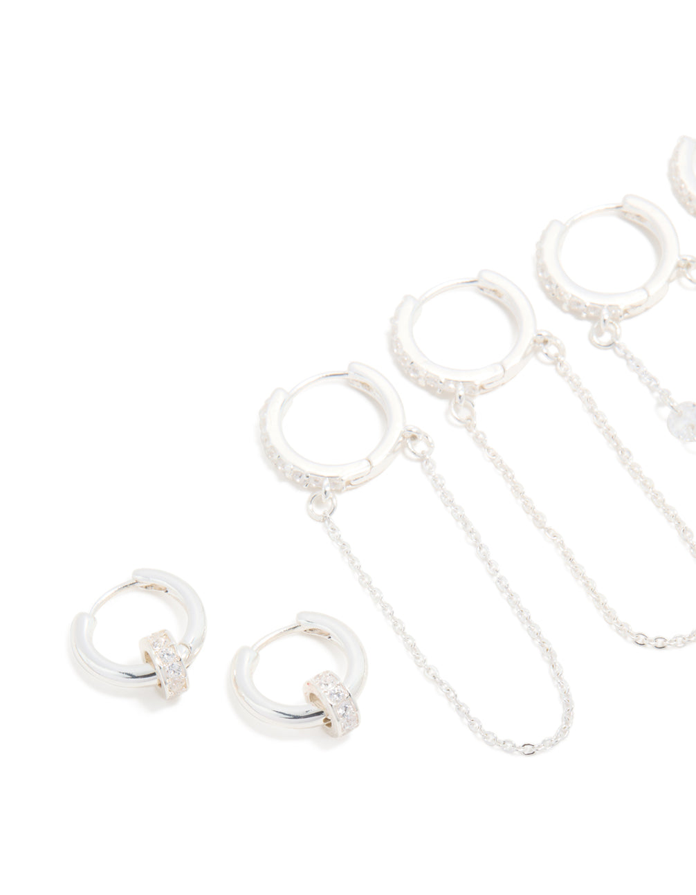 Silver Plated Cubic Zirconia Chained & Rondell Huggie Earrings 4-Pack