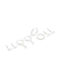 Silver Plated Cubic Zirconia Dainty Stud & Huggie Earrings 4-Pack - link has visual effect only